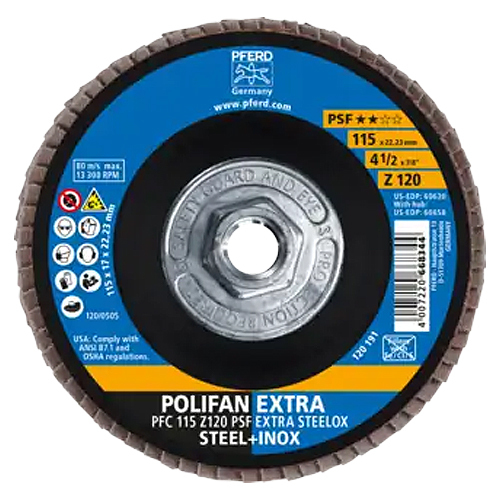 4-1/2" X 5/8-11 POLIFAN® FLAP DISC - CONICAL - PSF-EXTRA, ZIRCONIA, 120 GRIT