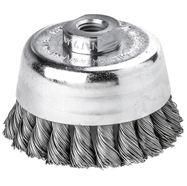 4" HEAVY DUTY KNOT WIRE CUP BRUSH - .023 CARBON STEEL 5/8-11" THREAD
