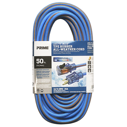 ALL WEATHER EXTENSION CORD 12/3 GAUGE (50 FT) SJEOW ARCTIC BLUE WITH LIGHTED/LOCKING END